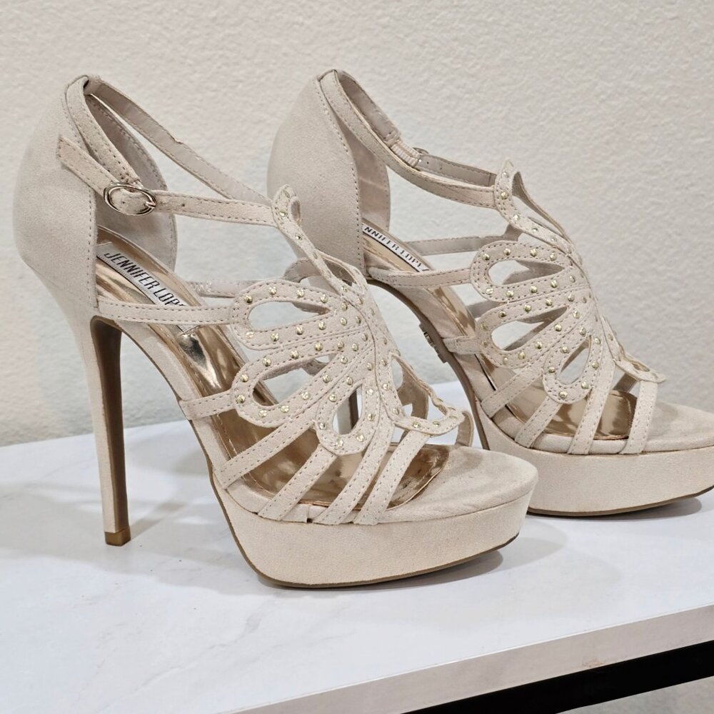 Jennifer Lopez ✦ Nude Suede Studded Cutout Platform Heels ✦ Ankle Strap 6 - Picture 9 of 12